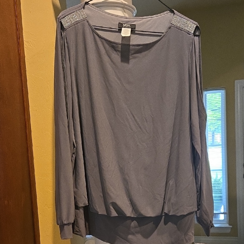 MSK Charcoal Gray Rhinestone Collar, Cold Shoulder Long Sleeve Blouson Top 1X